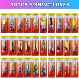 30pcs Metal Fishing Lures Spinnerbait Kit Trout Spoon Lure Colorful Casting Roostertail Spinner Baits Minnow Crankbait with Treble Hooks for Trout Bass Salmon Walleye