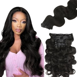 Lashey Seamless Clip in Hair Extensions Human Hair 9pcs 130g Body Wave Hair Extension 14 Inch #1B Natural Black Soft Natural Human Hair Clip in Hair Extensions with Invisi Edge