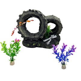 khanoqq Aquarium Tyre Decor with 2 Gifted Artificial Water Grass, Resin Fish Tank Tire Ornaments, Exotic Shipwreck Themed Aquarium Scenery Landscape, Small Fish Hideout Betta Playground Spawning Spot