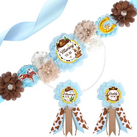 VorkiVecKi Western Baby Shower Decorations - 3 Pcs A Cowboy Little is on The Way Mom and Dad to Be Sash Badge Pins Sets for Boys Blue Gender Reveal Party Supplies Brown Maternity Corsage Belt Decors