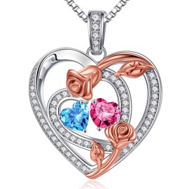 Iefil March Birthstone Necklace for Women - Anniversary Birthday Gifts for Women, Aquamarine Pink Tourmaline Necklace, March October Birthstone Rose Necklace, Jewelry Gifts for Wife Sister Her