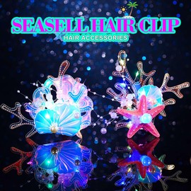 Evlry LED Hair Clip with Starfish Motif White Luminous Shell Mermaid Hairpiece Beads Hair Accessories for Women (Pack of 2)