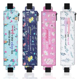 MoKo Elastic Pen Holder for Notebook, 4 Pieces PU Leather Pencil Case with Pocket Adjustable Band, Stationery School Supplies Zipper Bag for Planners, Journals, Book