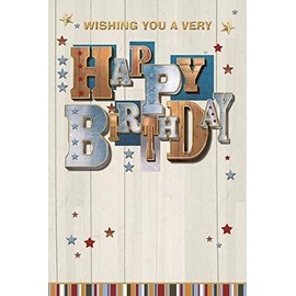Open Male Birthday Card - Blue Brown Writing with Gold Foil Stars 7.75x5.25"