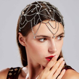 Xerling Rhinestones Tassel Cap Headpiece 1920s Flapper Head Chain Bridal Hair Accessories Gold Crystal Cleopatra Head Jewelry for Women (Type E Gold)