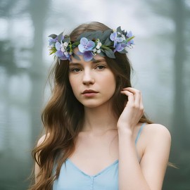 KorViSHOW Green Leaf Blue Floral Crown, Handmade Fairy Flower Headband with Ribbon, Bridal Boho Floral Headpiece for Women Girls Maternity Renaissance Weeding Festivals Birthday Party Hair Accessory