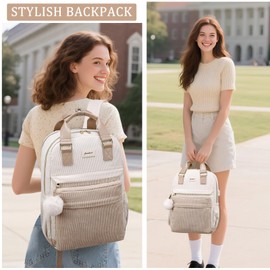 School Backpack for Girls Laptop Bookbag: Casual Corduroy Women Backpacks with USB Charging Port TSA Friendly Travel Back Pack with Anti-Theft Pocket Cute College Daypack for Teen Students Khaki Beige
