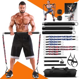 DASKING Portable Home Gym Resistance Band Bar Set with 8 Anti-Break Stackable Resistance Bands,Detachable 500LBS 2 in 1 Pilates Bar with Bands,Full Body Workout Equipment Exercise Bar Set (Black)