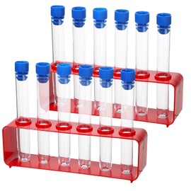 Copkim 2 Sets Test Tubes with Rack Clear Plastic Test Tubes with Caps and 6 Holes Holder Rack Nurse Party Decorations Shot Tubes for Scientific Experiments Party Favors Candy (Red,Integrated)