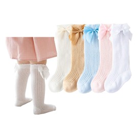CHUNG Toddler Baby Girls Knee Hight Stocking Cotton Socks 0-7Years Solid Color Bowknot Thin Spring Summer (5 Mesh, 3-12 Months)