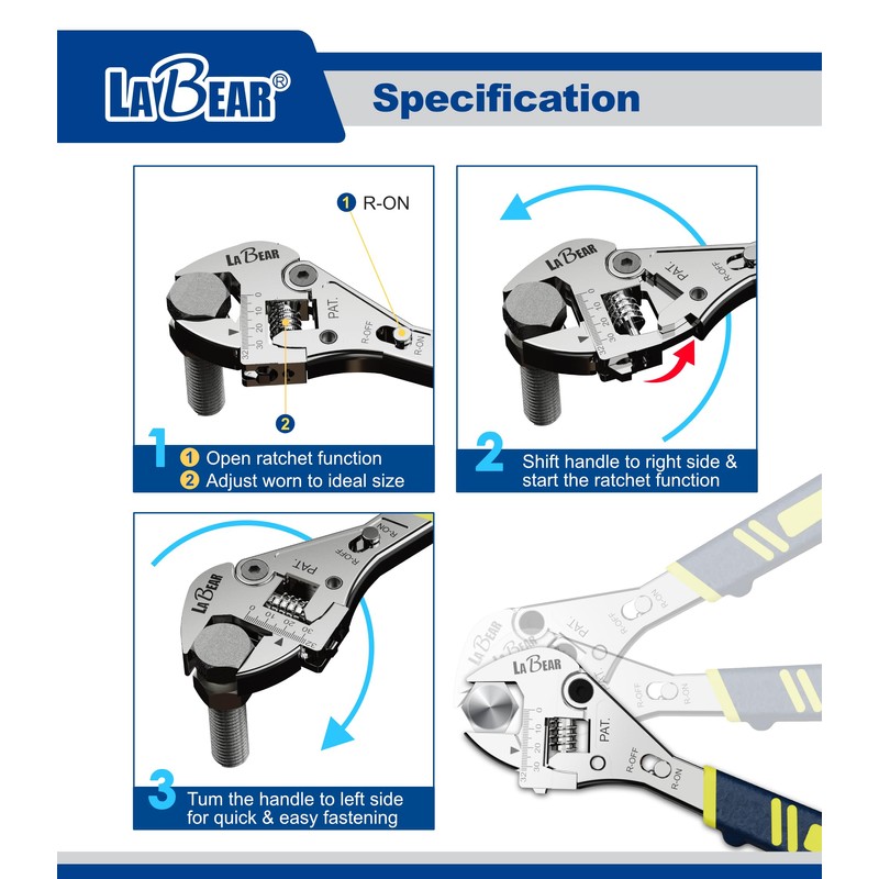 LABEAR- 8 Inch long x 1inch(25mm) Adjustable Ratchet Wrench