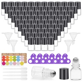 96 Pack Essential Oil Roller Bottles 1ml Clear Glass Roller Bottles for Oils (384 Pieces Labels, 8 Opener, 16 Funnels, 16 Dropper) Roll on Bottles with Stainless Steel Roller Balls