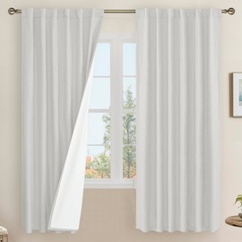 LAMIT Light Grey 100% Blackout Linen Curtains, 63 Inches Linen Textured Thermal Bedroom Curtains Back Tab and Rod Pocket Burlap Panels with White Liner for Farmhouse, 2 Panels, 52 x 63 Inch