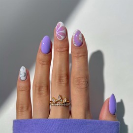 24Pcs Almond Press On Nails Short Purple Fake Nails With Silver Glitter Line Design False Nail Press Ons Glossy Reusable Stick On Nails Full Cover Acrylic Glue On Nail For Women Girls