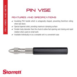 Starrett Pin Vise Set with Insulated, Octagonal Handle, Smaller Body Diameter, and Special Tapered Collet for Maximum Clamping Surface - 0-.040" Range - 166A