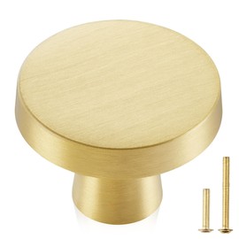 QOGRISUN 5-Pack Solid Brass Cabinet Knobs, Circular Gold Knobs for Dresser Drawer,1-1/4-Inch Diameter, Round Cabinet Pulls, Brushed Brass Finishcc