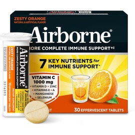 Airborne 1000mg Vitamin C with Vitamin D & Zinc, Sugar Free Multivitamin Immune Support Supplement, Antioxidants Vitamins A C & Vitamin E, 30 Effervescent Tablets, Zesty Orange Flavor