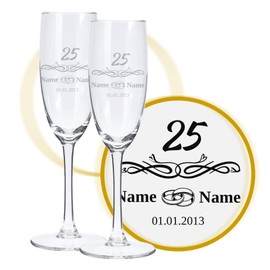 LALALO Sektglas mit Gravur 25. Hochzeitstag (2 St.), Silberne Hochzeit, Silberhochzeit Sektgläser Geschenk personalisiert/graviert, Jahrestag (Sommerliebe)