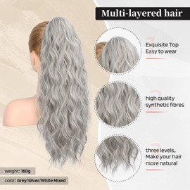 Flufymooz Ponytail Extension, 22 Inch, Curly, Grey/Silver/White Mixed, Synthetic, Heat Resistant, for Women