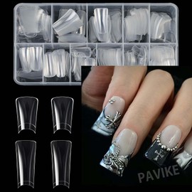 Pavike Nail Tips Clear (504 Pieces) Curved Nail Tips, Duck Nail Tips, Long Shape Nail Parts, 12 Different Sizes, Storage Case Included, Suitable for DIY Nail Extension and Nail Practice