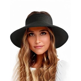 Women's Solid Color Cute Bow Design Wide Brim Straw Hat, Casual Trendy Foldable Sun Hat for Beach, Fashion Accessories for Women & Girls, Mother's Day Gift, Travel Essentials:_Black_one-size
