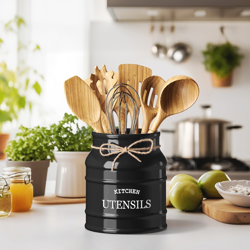 Barnyard Designs Ceramic Farmhouse Utensil Holder for Kitchen Counter, Large
