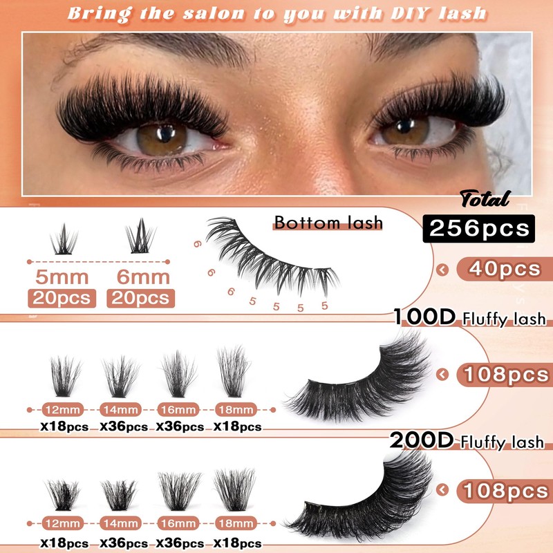 Focipeysa Lash Clusters 100D 200D Lash Extension with Bottom Lash