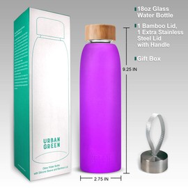 Urban Green Glass Water Bottle with Protective Silicone Sleeve and Bamboo Lid, 18oz, 1extra 304 Stainless Steel Lid with Handle, BPA Free, Dishwasher Safe, Valentine Gift