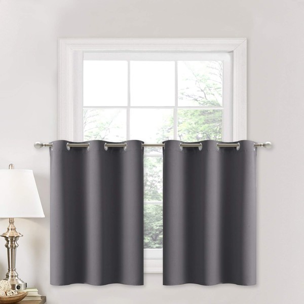 NICETOWN Kitchen Blackout Window Treatment - Thermal Insulated Valance Home Decor Blackout Grommet Tier Curtains Drapes for Small Window (42W by 24L + 1.2 inches Header, Grey, 1 Pair)