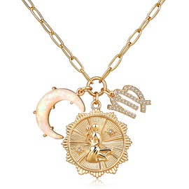 MISS RIGHT Gold Zodiac Virgo Sign Coin Necklace with Opal Crescent Moon Charm for Women Trendy, Dainty Gold Paperclip Chain 12 Constellation Horoscope Necklaces Astrology Jewelry Gifts