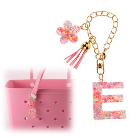 Sequin Initial Bag Charm for Bogg Beach Bag, Resin Keychain Letter Alphabet Charm with Sequin Flower Embellishment and Faux Suede Tassel Accessory Decorations for Women Purse Handbag(Letter E)