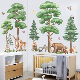 wondever Woodland Animals Wall Stickers Large Tree Forest Bear Deer Fox Peel and Stick Wall Art Decals for Kids Room Baby Nursery Bedroom