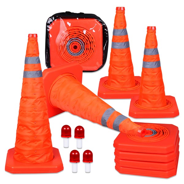 Cartman 4 Pack 28 Inch Collapsible Traffic Cones with LED Light, Multi Purpose Pop up Reflective Safety Cones, Pack of 4, Battery Included
