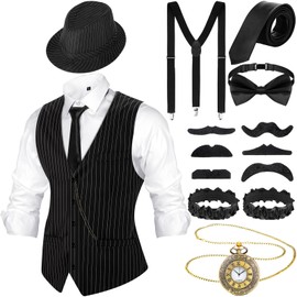 Blulu 1920s Men's Accessories with Vest Fedora Hat Pocket Watch Suspenders Tie (Black Stripes, XXL)