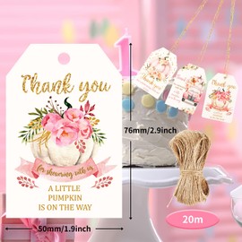Qera 90Pcs Fall Tags 3 Design Pink Little Pumpkin Gift Tags with 66Ft String Thank You for Celebrating with Us Paper Tags for Wedding Birthday Baby Shower Party Favors 2"x3''