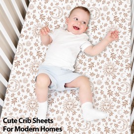 Unnivoll Baby Crib Sheets for Boys Girls, Fitted Crib Sheet Neutral 3 Pack for Standard Crib and Toddler Mattress, Breathable Soft Microfiber Baby Sheet 28x52x8in White Brown Sun God