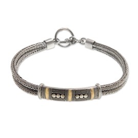 NOVICA Artisan Handcrafted Sterling Silver Bracelet Gold Accent Pendant Indonesia [7.25 in L x 0.4 in W] ' Puri Naga'