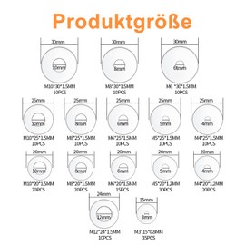 SKENGWEL Stainless Steel Washers Set, 230 Pieces, Large Flat Washers, Locking Washers Assortment Kit, with an Assortment Box, Metal Washer Nuts, 15 Sizes M3/M4/M5/M6/M8/M10/M12