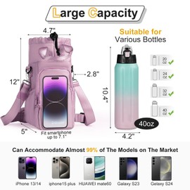 Dikuer Water Bottle Holder with Strap, 4 Big Pockets with Compartment, 24oz/32oz/40oz Crossbody Water Bottle Carrier Bag