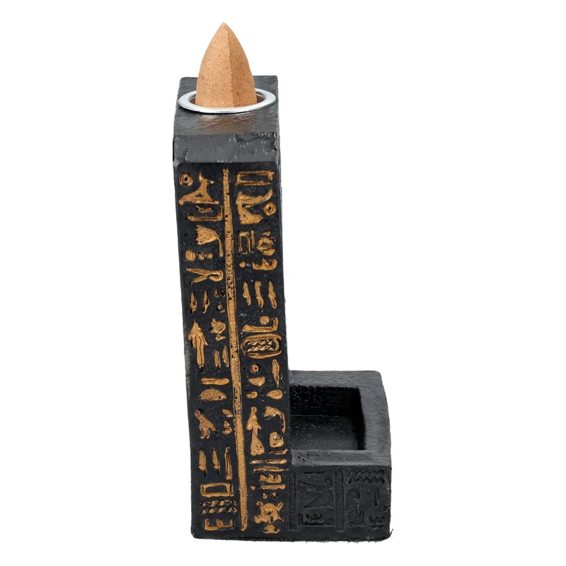 Bastet Egyptian Backflow Incense Holder, Polyresin, Black with Hieroglyphs, Hand-Painted,