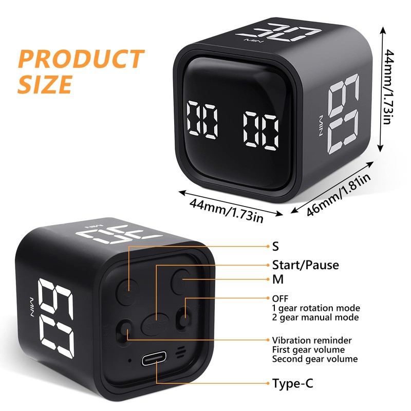 Cuteefun Pomodoro Timer, Rotating Cube Timer, 5/10/30/60 Minutes & Countdown,
