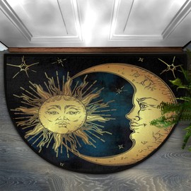 Half Round Rugs Ancient Antique Sun Moon Star Semicircular Indoor Door Mat Entryway Welcome Mat Non-Slip Half Round Low Profile Door Mat for Patio High Traffic Areas