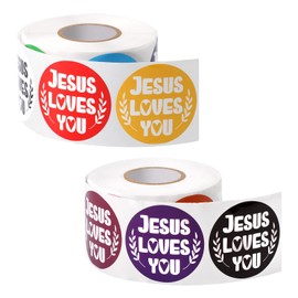 2 Rolls of 1000 Jesus Loves You Stickers, 3.8 cm, 16 Colours, Waterproof, Christian Stickers, Religious Stickers, Jesus Loves You Decals, Encouragement, Rewarding Decor and Gift