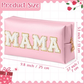 CY2SIDE MAMA Letter Makeup Bag - White Mama Chenille Letter Patch Cosmetic Bag Pink PU Leather Patch Travel Pouch Waterproof Portable Zipper Travel Organizer Case Christmas Idea Gifts for Mom Women