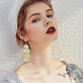 KaFu Lightweight Bohemia Geometric 14K Gold Round Disc Triple Long Earrings Dangle Drop Filigree Carved Statement Earring for Women (Gold)