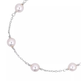 AeraVida Luminous White Pearl Sterling Silver Chain Link Bracelet