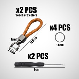 COACOM 2 Pieces Leather Keychains with 1 Piece Screwdriver, 4 Pieces Key Round Buckles Car Key Chain, Woven Leather Keychain, Car, House Keychain, black, brown