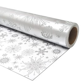 LDGOOAEL Mini Short Christmas Wrapping Paper Roll - Reversible Design (17 inches X 32.8 feet) - Silver & Gray Pinecone, Branches, Snowflakes