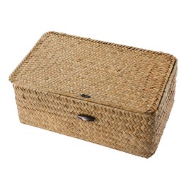 Vosarea Rattan Storage Basket Makeup Organizer Multipurpose Container with Lid (M)