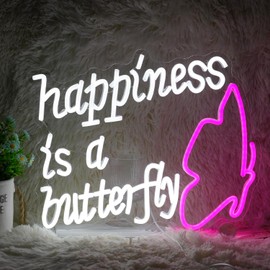 Dimmable Happiness Is A Butterfly Neon Sign USB powered Butterfly Neon Light for wall Decor Led Happiness Light up Sign Pink White Neon Light Signs for Party Office Living Room Girls Gift（15.7‘’*13‘’）